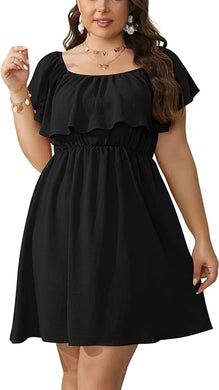 Plus Size Black Flowy Summer Ruffle Mini Dress-Plus Size Dream Girl