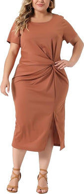 Plus Size Orange Twist Front Short Sleeve Midi Dress-Plus Size Dream Girl