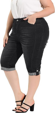 Plus Size Black Ripped Denim Curvy Capri Shorts-Plus Size Dream Girl