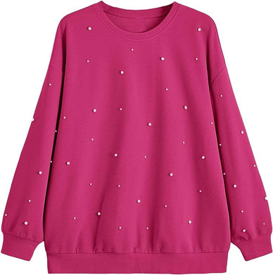 Plus Size Pink Pearl Studded Long Sleeve Pull Over Sweatshirt-Plus Size Dream Girl