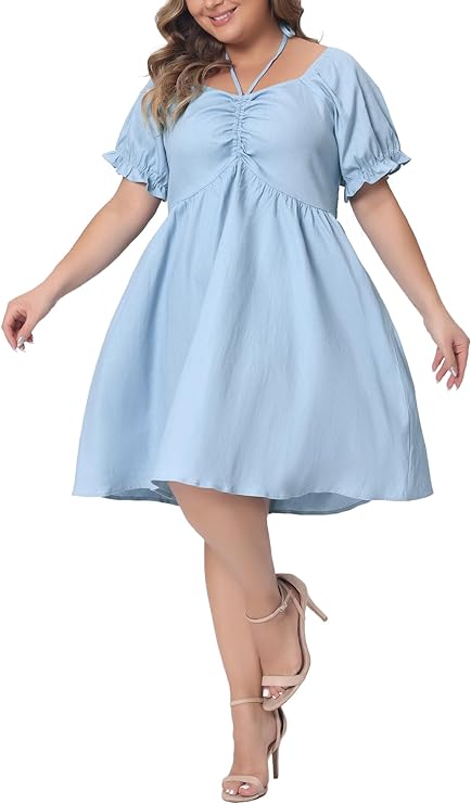 Plus Size Light Blue Sweetheart Self Tie Mini Dress-Plus Size Dream Girl