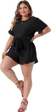 Plus Size Black Knit Ribbed Short Sleeve Shorts Romper-Plus Size Dream Girl