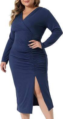 Plus Size Navy Blue Ruched Long Sleeve Midi Dress-Plus Size Dream Girl