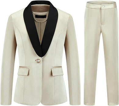 Women's Beige One Button Lapel 2pc Black & Pants Suit-Plus Size Dream Girl
