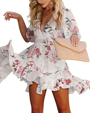 Load image into Gallery viewer, Summer White Ruffled V Neck Mini Dress-Plus Size Dream Girl
