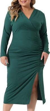 Plus Size Dark Green Ruched Long Sleeve Midi Dress-Plus Size Dream Girl