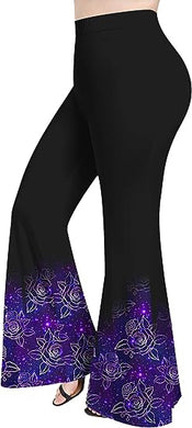 High Waist Black w/Purple Print Flare Pants-Plus Size Dream Girl
