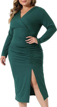 Load image into Gallery viewer, Plus Size Dark Green Ruched Long Sleeve Midi Dress-Plus Size Dream Girl

