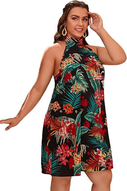 Plus Size Black Tropical Halter Summer Dress-Plus Size Dream Girl
