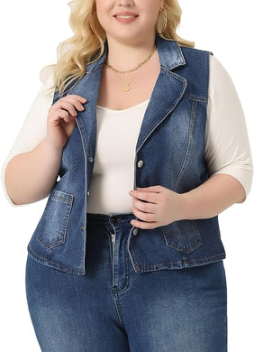 Plus Size Blue Denim Sleeveless Lapel Vest Jacket-Plus Size Dream Girl