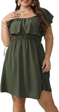 Plus Size Green Flowy Summer Ruffle Mini Dress-Plus Size Dream Girl
