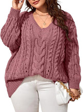 Load image into Gallery viewer, Plus Size Pink V Neck Cable Knit Long Sleeve Sweater-Plus Size Dream Girl
