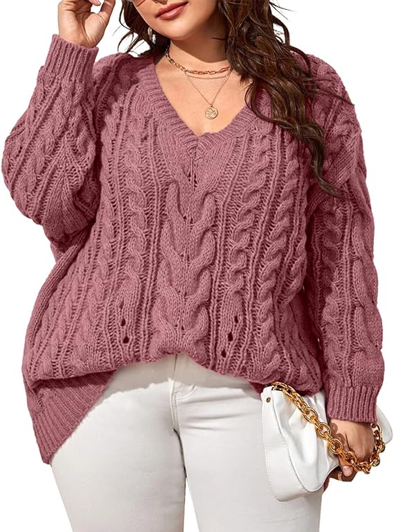 Plus Size Pink V Neck Cable Knit Long Sleeve Sweater-Plus Size Dream Girl