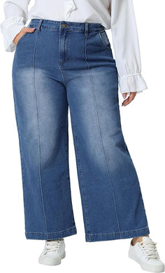 Plus Size Denim Blue Baggy Wide Leg Jeans-Plus Size Dream Girl