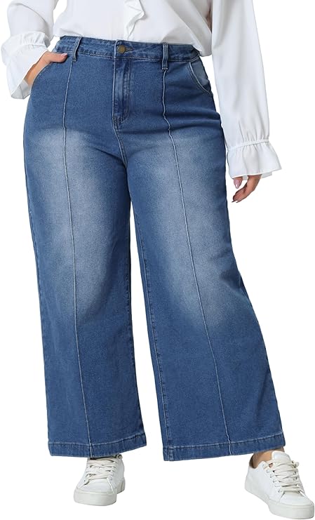 Plus Size Denim Blue Baggy Wide Leg Jeans-Plus Size Dream Girl