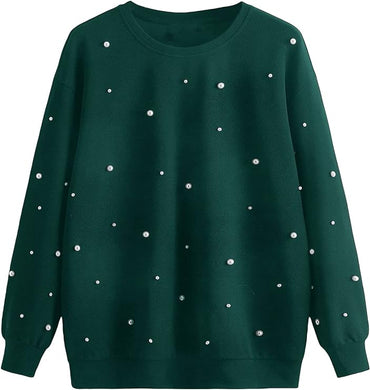 Plus Size Green Pearl Studded Long Sleeve Pull Over Sweatshirt-Plus Size Dream Girl
