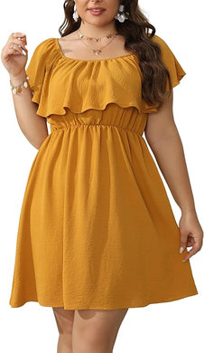 Plus Size Yellow Flowy Summer Ruffle Mini Dress-Plus Size Dream Girl