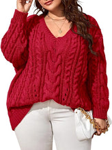 Load image into Gallery viewer, Plus Size Grey V Neck Cable Knit Long Sleeve Sweater-Plus Size Dream Girl
