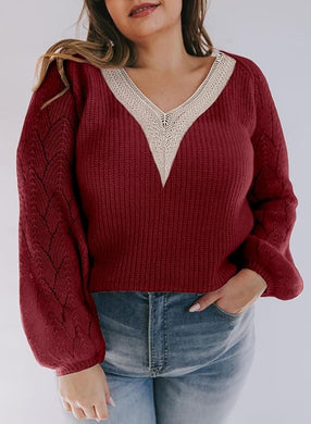 Plus Size V Neck Lace Trim Red Long Sleeve Sweater-Plus Size Dream Girl