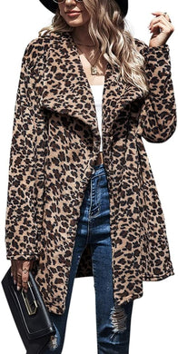 Leopard Lapel Long Sleeve Coat-Plus Size Dream Girl