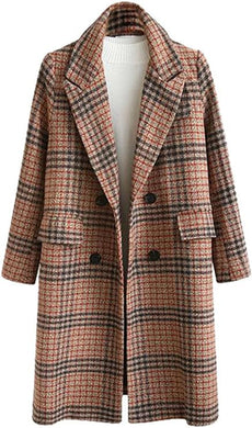 Vintage Style Plaid Long Sleeve Wool Trench Coat-Plus Size Dream Girl