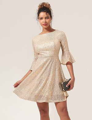 Plus Size Gold Sequin Flutter Sleeve Cocktail Dress-Plus Size Dream Girl