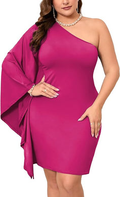 Plus Size Pink One Shoulder Asymmetrical Sleeve Mini Dress-Plus Size Dream Girl