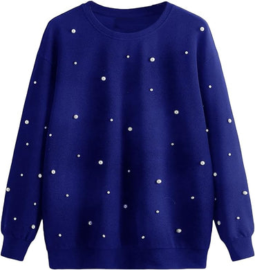 Plus Size Blue Pearl Studded Long Sleeve Pull Over Sweatshirt-Plus Size Dream Girl