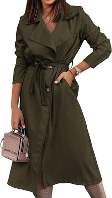Classic Green Belted Lapel Trench Coat-Plus Size Dream Girl