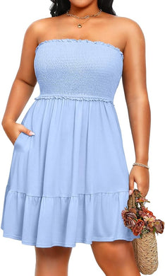 Plus Size Light Blue Summer Strapless Ruffle Mini Dress-Plus Size Dream Girl