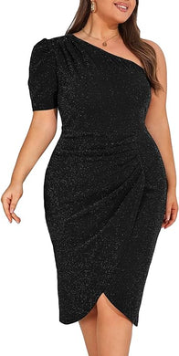 Plus Size Black Glitter Asymmetrical Sleeve Midi Dress-Plus Size Dream Girl