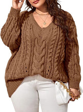 Load image into Gallery viewer, Plus Size Grey V Neck Cable Knit Long Sleeve Sweater-Plus Size Dream Girl
