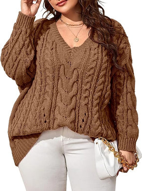Plus Size Brown V Neck Cable Knit Long Sleeve Sweater-Plus Size Dream Girl