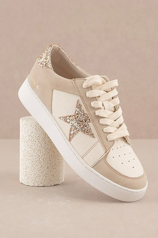 Glitter Star Low Top Beige Lace Up Sneakers-Plus Size Dream Girl
