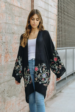 Long Floral Black Kimono Cardigan-Plus Size Dream Girl