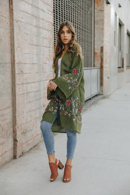 Long Floral Green Kimono Cardigan-Plus Size Dream Girl