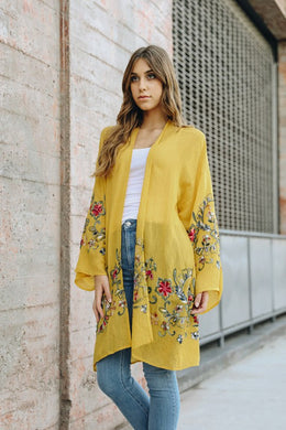 Long Floral Mustard Yellow Kimono Cardigan-Plus Size Dream Girl