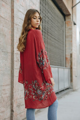 Long Floral Rust Red Kimono Cardigan-Plus Size Dream Girl