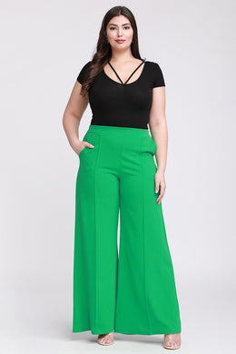 Plus Size Green Wide Leg High Waist Dress Pants-Plus Size Dream Girl