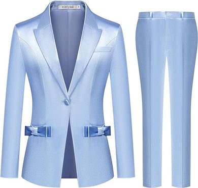 Women's Imperial Light Blue Bow Knotted Blazer & Pants Suit-Plus Size Dream Girl