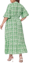 Load image into Gallery viewer, Plus Size Green Ruffled V Neck Print Maxi Dress-Plus Size Dream Girl
