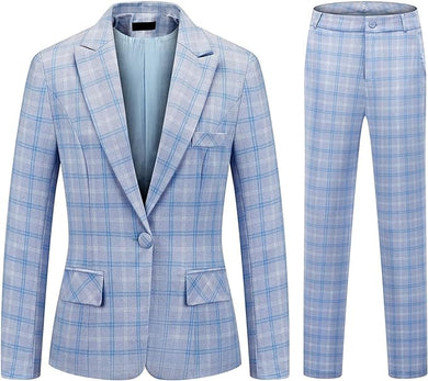 Women's Blue Plaid Executive Business Blazer & Pants Suit-Plus Size Dream Girl