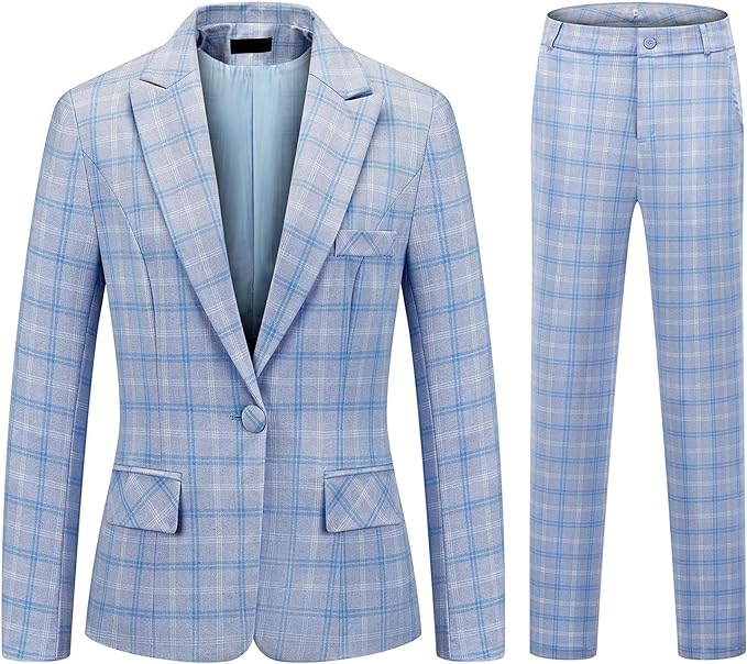 Women's Blue Plaid Executive Business Blazer & Pants Suit-Plus Size Dream Girl