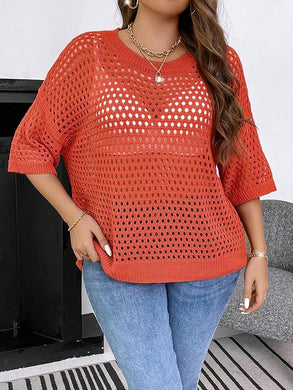 Plus Size Coral Orange Open Knit Half Sleeve Sweater-Plus Size Dream Girl