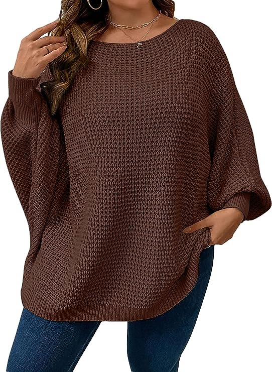 Plus Size Brown Comfy Knit Crewneck Loose Fit Sweater-Plus Size Dream Girl