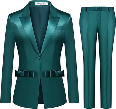 Women's Imperial Green Bow Knotted Blazer & Pants Suit-Plus Size Dream Girl