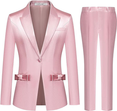 Women's Imperial Pink Bow Knotted Blazer & Pants Suit-Plus Size Dream Girl