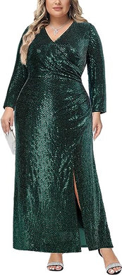 Plus Size Emerald Sequin Wrap Long Sleeve Maxi Dress-Plus Size Dream Girl