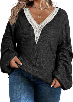 Plus Size V Neck Lace Trim Black Long Sleeve Sweater-Plus Size Dream Girl