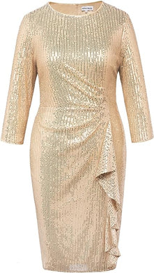 Plus Size Gold Sequin Ruffled Midi Dress-Plus Size Dream Girl